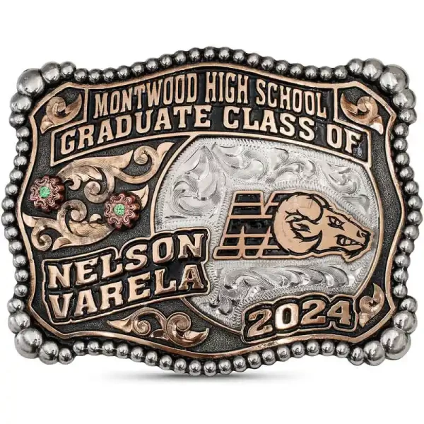 Celebrate your graduation in classic western style with the Tyler Belt Buckle! This buckle showcases German Silver beaded edges, bronze scrolls, and copper flowers.  Make your graduation memorable with this timeless piece!